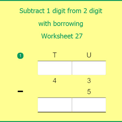 Subtract 1 digit from 2 digit with borrowing Worksheet 27