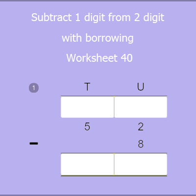 Subtract 1 digit from 2 digit with borrowing Worksheet 40